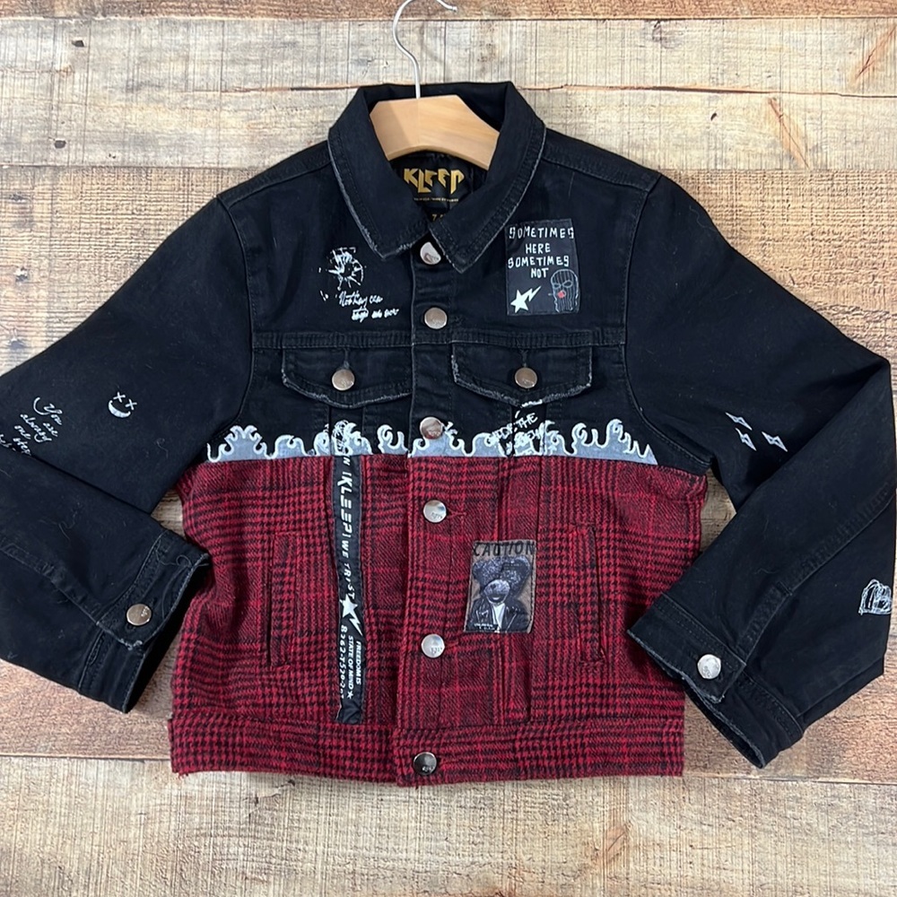 Kleep Black Red Brick Layer‎ Jean Jacket Boys 7/8  Premium Washed Cotton Denim